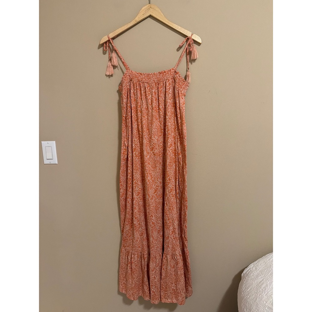 Downeast Orange Paisley Smocked Maxi Dress Tie Shoulder Tassels Small